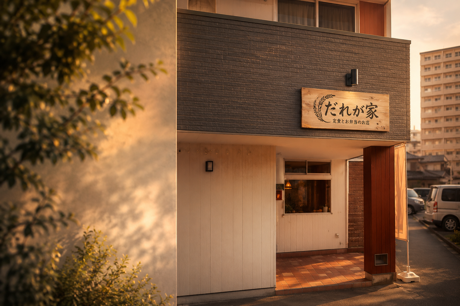 夕方のやわらかな光に包まれただれが家の店舗外観